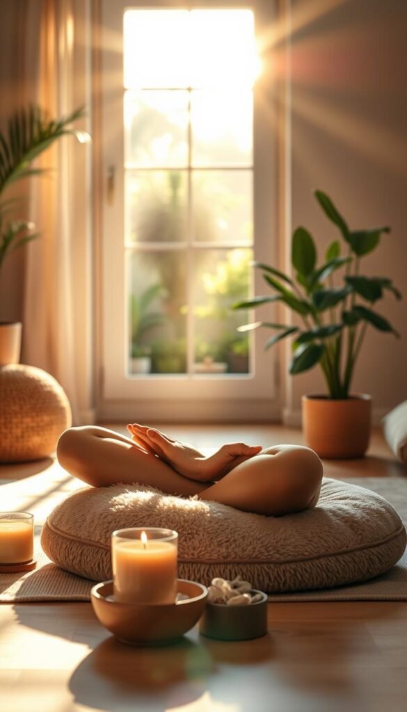 A tranquil scene of self-care practices unfolds, bathed in warm, natural lighting. In the foreground, a person sits cross-legged on a plush meditation cushion, eyes closed, palms resting gently on their lap. Surrounding them, an array of calming objects - a scented candle, a bowl of crystals, and a lush, leafy houseplant. In the middle ground, a cozy, minimalist living space with clean lines and earthy tones evokes a sense of serenity. The background reveals a window overlooking a serene garden, the sun's rays casting a golden glow. The overall atmosphere is one of mindfulness, balance, and rejuvenation, perfectly capturing the essence of self-care in the pursuit of a healthy, harmonious life. A tranquil scene of self-care practices unfolds, bathed in warm, natural lighting. In the foreground, a person sits cross-legged on a plush meditation cushion, eyes closed, palms resting gently on their lap. Surrounding them, an array of calming objects - a scented candle, a bowl of crystals, and a lush, leafy houseplant. In the middle ground, a cozy, minimalist living space with clean lines and earthy tones evokes a sense of serenity. The background reveals a window overlooking a serene garden, the sun's rays casting a golden glow. The overall atmosphere is one of mindfulness, balance, and rejuvenation, perfectly capturing the essence of self-care in the pursuit of a healthy, harmonious life.