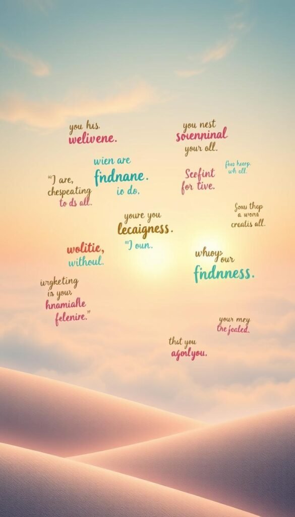 A tranquil scene of various affirmations floating in a serene, ethereal landscape. In the foreground, a collection of colorful, hand-lettered affirmations drifts gently on a soft breeze, their words radiating a warm, spiritual energy. The middle ground features a soothing, pastel-hued background, with subtle patterns and textures that add depth and movement. In the distance, a glowing, golden horizon reflects a sense of hope and inspiration. The lighting is soft and diffused, creating a calming, meditative atmosphere. The overall composition is balanced and harmonious, inviting the viewer to pause, reflect, and internalize the empowering messages. A tranquil scene of various affirmations floating in a serene, ethereal landscape. In the foreground, a collection of colorful, hand-lettered affirmations drifts gently on a soft breeze, their words radiating a warm, spiritual energy. The middle ground features a soothing, pastel-hued background, with subtle patterns and textures that add depth and movement. In the distance, a glowing, golden horizon reflects a sense of hope and inspiration. The lighting is soft and diffused, creating a calming, meditative atmosphere. The overall composition is balanced and harmonious, inviting the viewer to pause, reflect, and internalize the empowering messages.