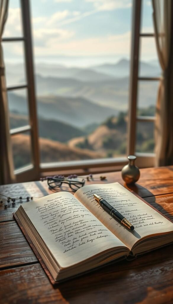 A tranquil study filled with the soft glow of natural light, a wooden table holds an open journal, a fountain pen, and a sprig of lavender. The pages are adorned with mindful scribblings, the ink flowing with contemplative purpose. In the background, a serene landscape of rolling hills and a distant forest, painted in muted hues that evoke a sense of calm and introspection. The composition is balanced, with the journal as the central focus, surrounded by elements that symbolize the practice of mindful journaling - the quiet solitude, the connection to nature, and the act of self-reflection. The overall mood is one of introspection, serenity, and a journey inward. A tranquil study filled with the soft glow of natural light, a wooden table holds an open journal, a fountain pen, and a sprig of lavender. The pages are adorned with mindful scribblings, the ink flowing with contemplative purpose. In the background, a serene landscape of rolling hills and a distant forest, painted in muted hues that evoke a sense of calm and introspection. The composition is balanced, with the journal as the central focus, surrounded by elements that symbolize the practice of mindful journaling - the quiet solitude, the connection to nature, and the act of self-reflection. The overall mood is one of introspection, serenity, and a journey inward.