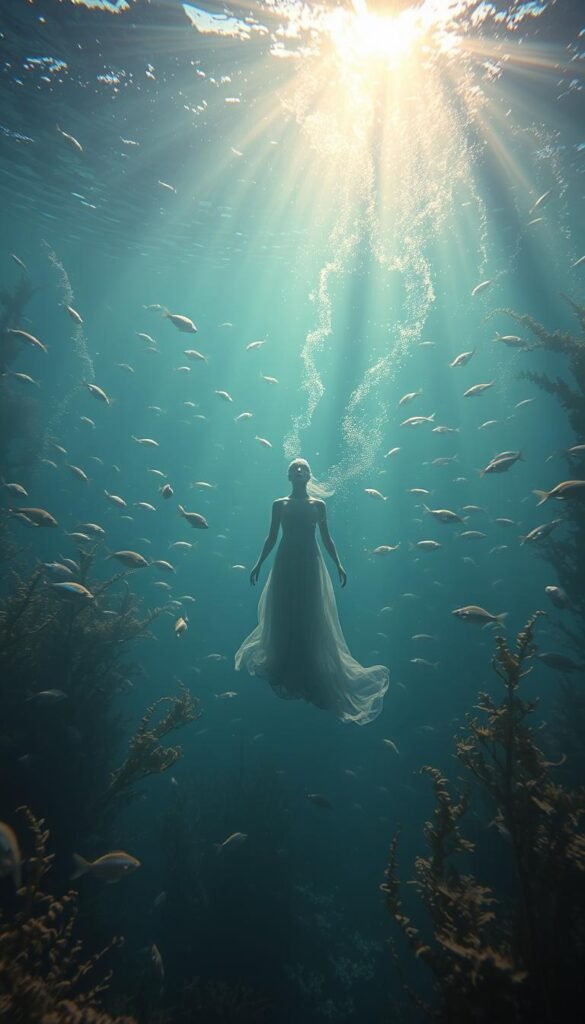 A tranquil underwater realm, bathed in ethereal light. Shimmering schools of iridescent fish dance through swaying kelp forests, as sunbeams pierce the surface above. Amidst the serene currents, a dreamlike figure emerges, their form shrouded in an aura of mystery. Wisps of energy trail behind, hinting at the spiritual connection between the waking and the subconscious. The scene exudes a sense of calm contemplation, inviting the viewer to dive deeper into the subconscious and uncover the hidden meanings that lie within this underwater dream. A tranquil underwater realm, bathed in ethereal light. Shimmering schools of iridescent fish dance through swaying kelp forests, as sunbeams pierce the surface above. Amidst the serene currents, a dreamlike figure emerges, their form shrouded in an aura of mystery. Wisps of energy trail behind, hinting at the spiritual connection between the waking and the subconscious. The scene exudes a sense of calm contemplation, inviting the viewer to dive deeper into the subconscious and uncover the hidden meanings that lie within this underwater dream.