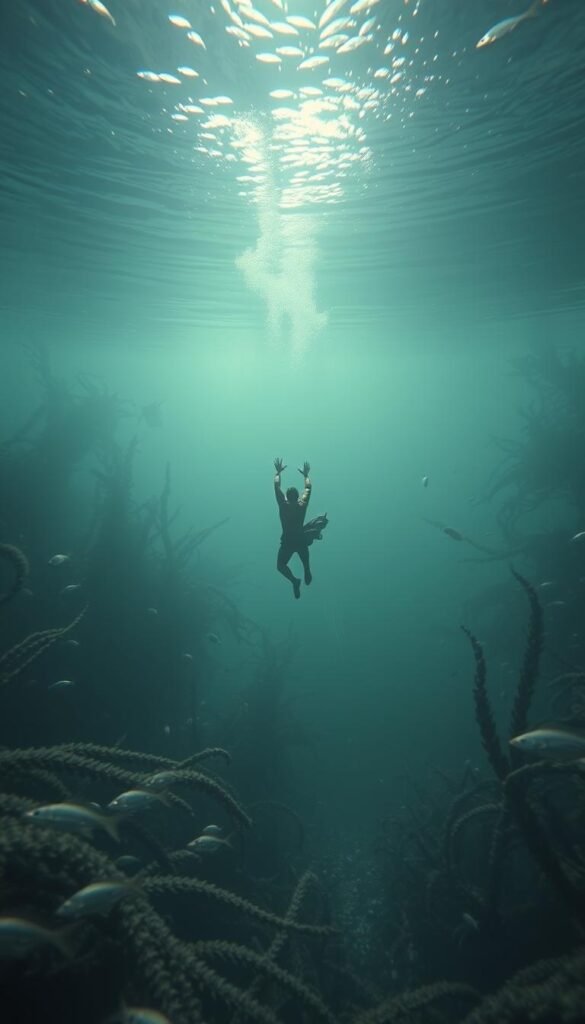 A tranquil underwater scene, lush with swirling kelp forests and schools of iridescent fish. In the foreground, a lone figure takes a graceful dive, their body cutting through the glimmering surface as sunlight filters down from above. The water's edge blurs into a dreamlike, ethereal horizon, hinting at a realm of spiritual significance. Soft, muted tones create a sense of serenity, while the composition draws the viewer's eye inward, inviting them to experience the tranquility and wonder of diving into the depths of the subconscious. A tranquil underwater scene, lush with swirling kelp forests and schools of iridescent fish. In the foreground, a lone figure takes a graceful dive, their body cutting through the glimmering surface as sunlight filters down from above. The water's edge blurs into a dreamlike, ethereal horizon, hinting at a realm of spiritual significance. Soft, muted tones create a sense of serenity, while the composition draws the viewer's eye inward, inviting them to experience the tranquility and wonder of diving into the depths of the subconscious.