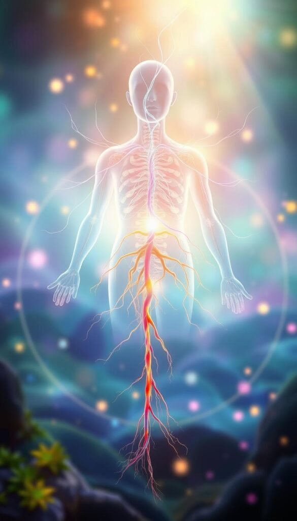 A tranquil visualization of the lymphatic system's internal pathways, glowing with a vibrant, ethereal energy. In the foreground, a detailed anatomical depiction of the lymph nodes and vessels, bathed in a soft, luminous light. The middle ground features a serene, nature-inspired backdrop, with swirling wisps of energy and gentle, flowing forms. The background showcases a dreamlike, spiritual landscape, infused with a calming, rejuvenating atmosphere. Vibrant hues of blues, greens, and purples create a mesmerizing, holistic representation of the lymphatic system's detoxifying power and its connection to overall wellbeing. A tranquil visualization of the lymphatic system's internal pathways, glowing with a vibrant, ethereal energy. In the foreground, a detailed anatomical depiction of the lymph nodes and vessels, bathed in a soft, luminous light. The middle ground features a serene, nature-inspired backdrop, with swirling wisps of energy and gentle, flowing forms. The background showcases a dreamlike, spiritual landscape, infused with a calming, rejuvenating atmosphere. Vibrant hues of blues, greens, and purples create a mesmerizing, holistic representation of the lymphatic system's detoxifying power and its connection to overall wellbeing.