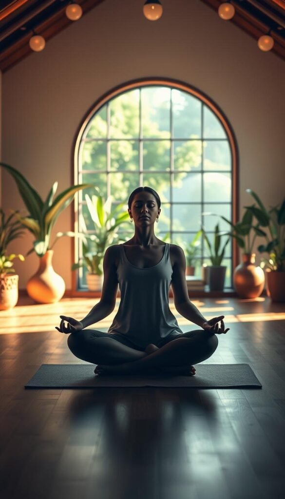 A tranquil yoga studio, bathed in soft, natural light. In the foreground, a serene figure seated in lotus position, eyes closed, hands resting gently on knees, embodying a state of deep mindfulness. The middle ground features a lush, verdant backdrop of plants and calming decor, creating a sense of harmony and balance. In the background, a large window frames a peaceful outdoor scene, further enhancing the connection between the physical and spiritual realms. The overall atmosphere is one of introspection, serenity, and the harmonious integration of mind, body, and environment. A tranquil yoga studio, bathed in soft, natural light. In the foreground, a serene figure seated in lotus position, eyes closed, hands resting gently on knees, embodying a state of deep mindfulness. The middle ground features a lush, verdant backdrop of plants and calming decor, creating a sense of harmony and balance. In the background, a large window frames a peaceful outdoor scene, further enhancing the connection between the physical and spiritual realms. The overall atmosphere is one of introspection, serenity, and the harmonious integration of mind, body, and environment.