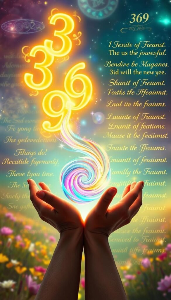 A vibrant and ethereal landscape, illuminated by a soft glow that seems to emanate from within. In the foreground, a pair of hands gently hold a swirling vortex of energy, its multicolored tendrils reaching out towards the viewer. Behind this, a series of glowing numbers - 3, 6, and 9 - float in mid-air, their significance hinting at the powerful manifestation techniques of the 369 method. In the background, a dazzling array of positive affirmations, rendered in a flowing calligraphic script, shimmer and dance against a backdrop of celestial patterns and mystic symbols. The overall composition conveys a sense of harmony, inner peace, and the boundless potential of the human spirit.