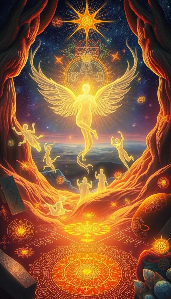 A vibrant and mystical dreamscape, bathed in warm, celestial lighting. In the foreground, an array of ancient, symbolic icons - intricate mandalas, mystical runes, and enchanted talismans, all glowing with a sacred energy. In the middle ground, wispy, translucent figures representing the spirit world, their forms dancing and intertwining. In the distant background, a vast, starry expanse, hinting at the infinite depth and mystery of the subconscious. The overall composition conveys a sense of profound spiritual significance, inviting the viewer to explore the universal language of dreams and their cultural/metaphysical interpretations. A vibrant and mystical dreamscape, bathed in warm, celestial lighting. In the foreground, an array of ancient, symbolic icons - intricate mandalas, mystical runes, and enchanted talismans, all glowing with a sacred energy. In the middle ground, wispy, translucent figures representing the spirit world, their forms dancing and intertwining. In the distant background, a vast, starry expanse, hinting at the infinite depth and mystery of the subconscious. The overall composition conveys a sense of profound spiritual significance, inviting the viewer to explore the universal language of dreams and their cultural/metaphysical interpretations.