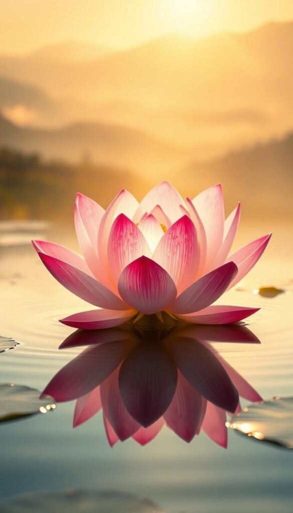 A vibrant and serene lotus flower floats atop a tranquil pond, its delicate petals unfurling in shades of pink and white. Soft golden light filters through the water, casting a warm glow on the scene. In the background, a misty landscape of rolling hills and distant mountains evokes a sense of harmony and spiritual contemplation. The lotus, a symbol of purity, enlightenment, and the journey from darkness to light, is rendered in a captivating spiritual style, inviting the viewer to meditate on the deeper meaning behind this iconic flower. A vibrant and serene lotus flower floats atop a tranquil pond, its delicate petals unfurling in shades of pink and white. Soft golden light filters through the water, casting a warm glow on the scene. In the background, a misty landscape of rolling hills and distant mountains evokes a sense of harmony and spiritual contemplation. The lotus, a symbol of purity, enlightenment, and the journey from darkness to light, is rendered in a captivating spiritual style, inviting the viewer to meditate on the deeper meaning behind this iconic flower.