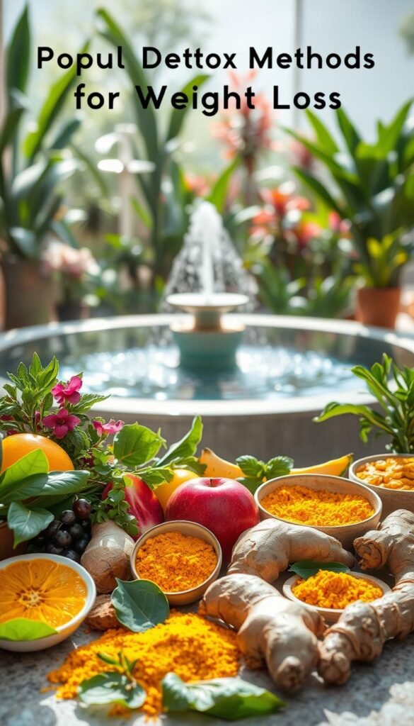 A vibrant and serene spa-like scene, bathed in soft natural lighting. In the foreground, an array of organic detox ingredients - fresh fruits, leafy greens, ginger, and turmeric - arranged in a visually appealing manner. In the middle ground, a soothing water feature, perhaps a gentle fountain or a tranquil pool, reflecting the colors and textures of the natural elements. The background reveals a tranquil, plant-filled environment, evoking a sense of calm and well-being. The overall atmosphere is one of harmony, balance, and a holistic approach to health and wellness, perfectly capturing the essence of "Popular Detox Methods for Weight Loss". A vibrant and serene spa-like scene, bathed in soft natural lighting. In the foreground, an array of organic detox ingredients - fresh fruits, leafy greens, ginger, and turmeric - arranged in a visually appealing manner. In the middle ground, a soothing water feature, perhaps a gentle fountain or a tranquil pool, reflecting the colors and textures of the natural elements. The background reveals a tranquil, plant-filled environment, evoking a sense of calm and well-being. The overall atmosphere is one of harmony, balance, and a holistic approach to health and wellness, perfectly capturing the essence of "Popular Detox Methods for Weight Loss".
