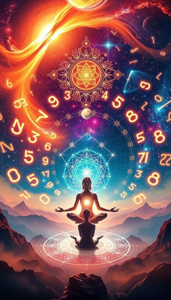 A vibrant composition depicting the essence of numerical patterns as a gateway to spiritual awakening. In the foreground, a serene, ethereal figure meditates amidst a swirling vortex of luminous numerals, each pulsing with divine energy. The middle ground features a kaleidoscopic array of geometric shapes and symbols, representing the interconnected nature of the universe. In the background, a cosmic landscape unfolds, with galaxies, nebulae, and celestial bodies creating a mesmerizing, otherworldly atmosphere. Soft, warm lighting casts a meditative glow, while a subtle, dreamlike haze imbues the scene with a sense of mysticism and wonder. The overall impression is one of harmony, intuition, and the profound connection between the physical and spiritual realms. A vibrant composition depicting the essence of numerical patterns as a gateway to spiritual awakening. In the foreground, a serene, ethereal figure meditates amidst a swirling vortex of luminous numerals, each pulsing with divine energy. The middle ground features a kaleidoscopic array of geometric shapes and symbols, representing the interconnected nature of the universe. In the background, a cosmic landscape unfolds, with galaxies, nebulae, and celestial bodies creating a mesmerizing, otherworldly atmosphere. Soft, warm lighting casts a meditative glow, while a subtle, dreamlike haze imbues the scene with a sense of mysticism and wonder. The overall impression is one of harmony, intuition, and the profound connection between the physical and spiritual realms.