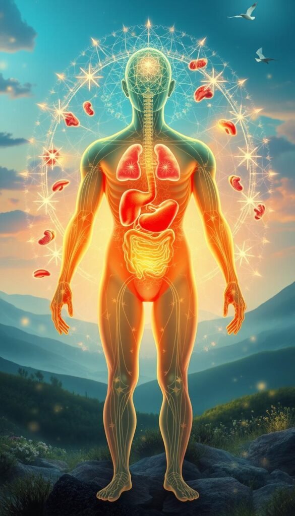 A vibrant, detailed illustration depicting the body's natural detoxification pathways. In the foreground, a translucent human figure with glowing energy lines representing various organs and systems. Surrounding it, a middle-ground showcasing the complex network of physiological processes - kidneys, liver, lymphatic system, and gastrointestinal tract, all pulsing with a warm, ethereal radiance. In the background, a serene, dreamlike landscape with soothing hues, symbolic of the holistic balance achieved through healthy detoxification. The composition is bathed in a soft, diffused lighting, creating an aura of tranquility and enlightenment. Rendered in a captivating spiritual art style, evoking a sense of wonder and deeper understanding of the body's innate abilities to cleanse and rejuvenate. A vibrant, detailed illustration depicting the body's natural detoxification pathways. In the foreground, a translucent human figure with glowing energy lines representing various organs and systems. Surrounding it, a middle-ground showcasing the complex network of physiological processes - kidneys, liver, lymphatic system, and gastrointestinal tract, all pulsing with a warm, ethereal radiance. In the background, a serene, dreamlike landscape with soothing hues, symbolic of the holistic balance achieved through healthy detoxification. The composition is bathed in a soft, diffused lighting, creating an aura of tranquility and enlightenment. Rendered in a captivating spiritual art style, evoking a sense of wonder and deeper understanding of the body's innate abilities to cleanse and rejuvenate.