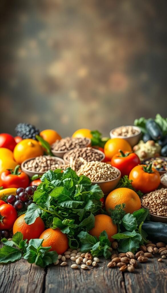 A vibrant, detailed still life depicting an assortment of liver-friendly foods. In the foreground, an array of fresh produce - leafy greens, brightly colored vegetables, and juicy citrus fruits - artfully arranged on a rustic wooden table. The midground features a selection of whole grains, legumes, and nuts, complementing the produce. In the background, a soft, ethereal glow illuminates the scene, evoking a sense of warmth and vitality. The lighting is soft and diffused, capturing the natural textures and vibrant hues of the ingredients. The composition is balanced and visually striking, inviting the viewer to appreciate the beauty and healthfulness of these nourishing, liver-cleansing foods. A vibrant, detailed still life depicting an assortment of liver-friendly foods. In the foreground, an array of fresh produce - leafy greens, brightly colored vegetables, and juicy citrus fruits - artfully arranged on a rustic wooden table. The midground features a selection of whole grains, legumes, and nuts, complementing the produce. In the background, a soft, ethereal glow illuminates the scene, evoking a sense of warmth and vitality. The lighting is soft and diffused, capturing the natural textures and vibrant hues of the ingredients. The composition is balanced and visually striking, inviting the viewer to appreciate the beauty and healthfulness of these nourishing, liver-cleansing foods.