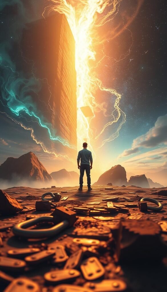 A vibrant, dreamlike scene depicting the journey of overcoming limiting beliefs about money. In the foreground, a person stands before a towering wall of constraints, their expression resolute as they prepare to break through. Swirling energy and ethereal light envelope the scene, symbolizing the transformative power of the mind. In the middle ground, shattered shackles and fragments of old beliefs lie scattered, fading into the distance. The background is a cosmic expanse, a canvas of stars and celestial hues, representing the boundless potential that awaits beyond the confines of limiting thoughts. Soft, warm lighting illuminates the scene, imbuing it with a sense of hope and possibility. Cinematic angle, highly detailed, digital art style. A vibrant, dreamlike scene depicting the journey of overcoming limiting beliefs about money. In the foreground, a person stands before a towering wall of constraints, their expression resolute as they prepare to break through. Swirling energy and ethereal light envelope the scene, symbolizing the transformative power of the mind. In the middle ground, shattered shackles and fragments of old beliefs lie scattered, fading into the distance. The background is a cosmic expanse, a canvas of stars and celestial hues, representing the boundless potential that awaits beyond the confines of limiting thoughts. Soft, warm lighting illuminates the scene, imbuing it with a sense of hope and possibility. Cinematic angle, highly detailed, digital art style.