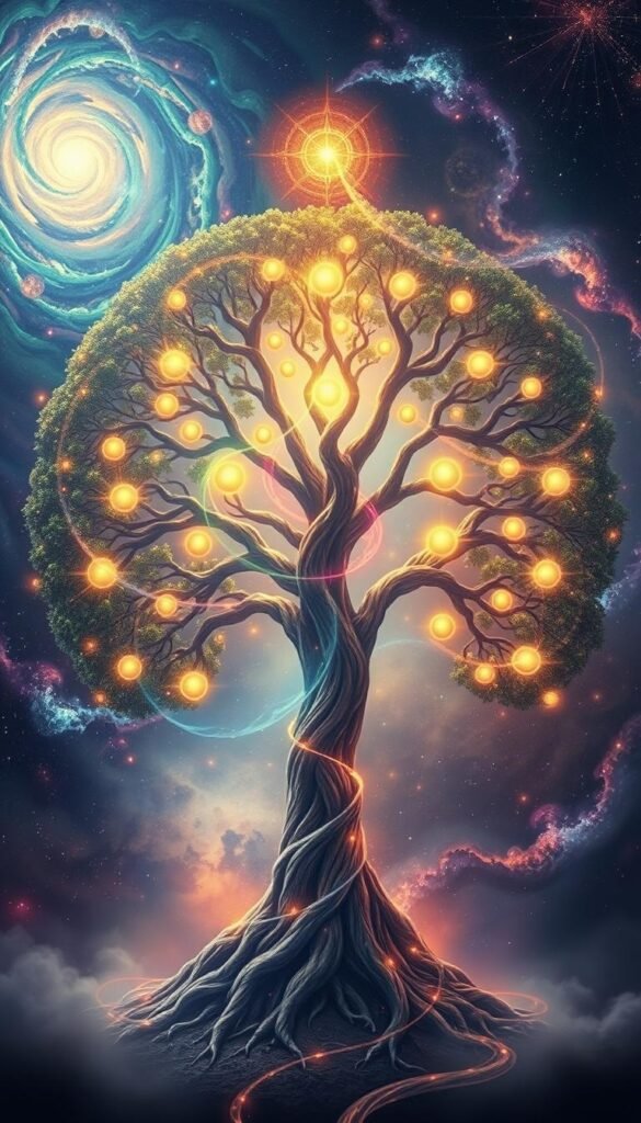 A vibrant, ethereal Tree of Life stands in the center, its branches radiating spiritual energies. Glowing orbs of light weave through the intricate foliage, imbuing the scene with a mystical, otherworldly atmosphere. The background features a swirling cosmic landscape, with nebulae and galaxies in a spectrum of jewel-toned hues. Soft, diffused lighting bathes the tree, creating a sense of depth and dimension. The overall composition conveys a profound sense of the interconnectedness of all things, reflecting the core principles of Kabbalistic numerology. A vibrant, ethereal Tree of Life stands in the center, its branches radiating spiritual energies. Glowing orbs of light weave through the intricate foliage, imbuing the scene with a mystical, otherworldly atmosphere. The background features a swirling cosmic landscape, with nebulae and galaxies in a spectrum of jewel-toned hues. Soft, diffused lighting bathes the tree, creating a sense of depth and dimension. The overall composition conveys a profound sense of the interconnectedness of all things, reflecting the core principles of Kabbalistic numerology.