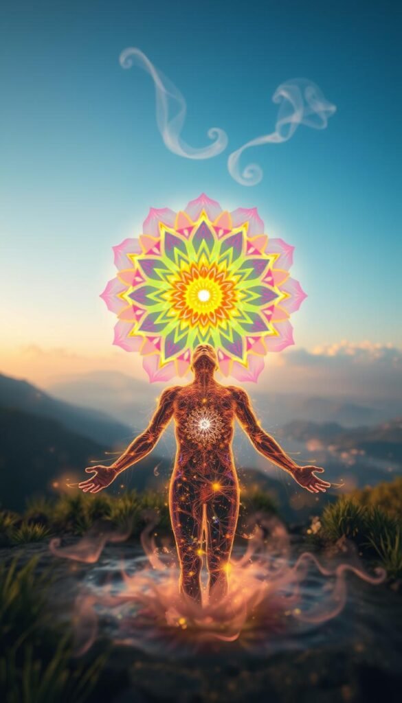 A vibrant, ethereal image of the detoxification process. In the foreground, a glowing human form undergoing a cleansing ritual, surrounded by wisps of ethereal energy. In the middle ground, a mandala-like structure pulsates with vivid hues, representing the body's natural detoxification mechanisms. In the background, a serene, otherworldly landscape with softly diffused lighting, evoking a sense of tranquility and spiritual transformation. The scene is captured with a wide-angle lens, creating a sense of depth and immersion. Overall, the image conveys the holistic, harmonious nature of the detoxification process through a visually striking, spiritually-infused aesthetic.