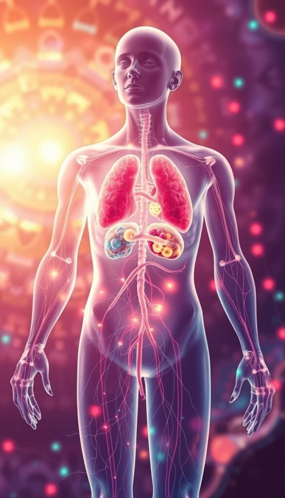 A vibrant, ethereal image of the human lymphatic system in a state of optimal health. The foreground depicts a translucent, glowing network of lymphatic vessels and nodes, pulsing with a soft, bioluminescent energy. In the middle ground, the lymph organs - spleen, thymus, and lymph nodes - are rendered in shimmering, jewel-toned hues, radiating an aura of vitality. The background is a dreamy, kaleidoscopic landscape, with swirling patterns of light and color, creating a sense of balance, harmony, and inner radiance. The lighting is warm and diffused, casting a soothing, spiritual glow. The perspective is slightly elevated, allowing the viewer to fully appreciate the intricate, interconnected beauty of the lymphatic system. Soft, atmospheric lens flares add to the transcendent, ethereal quality of the image. A vibrant, ethereal image of the human lymphatic system in a state of optimal health. The foreground depicts a translucent, glowing network of lymphatic vessels and nodes, pulsing with a soft, bioluminescent energy. In the middle ground, the lymph organs - spleen, thymus, and lymph nodes - are rendered in shimmering, jewel-toned hues, radiating an aura of vitality. The background is a dreamy, kaleidoscopic landscape, with swirling patterns of light and color, creating a sense of balance, harmony, and inner radiance. The lighting is warm and diffused, casting a soothing, spiritual glow. The perspective is slightly elevated, allowing the viewer to fully appreciate the intricate, interconnected beauty of the lymphatic system. Soft, atmospheric lens flares add to the transcendent, ethereal quality of the image.