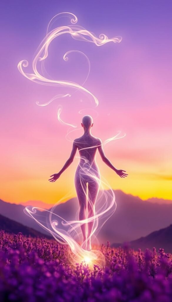 A vibrant, ethereal landscape bathed in shades of lavender and amethyst. In the foreground, a graceful figure, its form shimmering with an otherworldly glow, appears to be in a state of deep meditation or transformation. Tendrils of energy, like wisps of smoke, emanate from the figure, swirling and dancing around it. The background is a dreamlike realm, with soft, hazy mountains and a sky that fades from deep violet to delicate lilac. Warm, diffused lighting casts a serene, contemplative atmosphere, capturing the essence of spiritual growth and transcendence. A vibrant, ethereal landscape bathed in shades of lavender and amethyst. In the foreground, a graceful figure, its form shimmering with an otherworldly glow, appears to be in a state of deep meditation or transformation. Tendrils of energy, like wisps of smoke, emanate from the figure, swirling and dancing around it. The background is a dreamlike realm, with soft, hazy mountains and a sky that fades from deep violet to delicate lilac. Warm, diffused lighting casts a serene, contemplative atmosphere, capturing the essence of spiritual growth and transcendence.