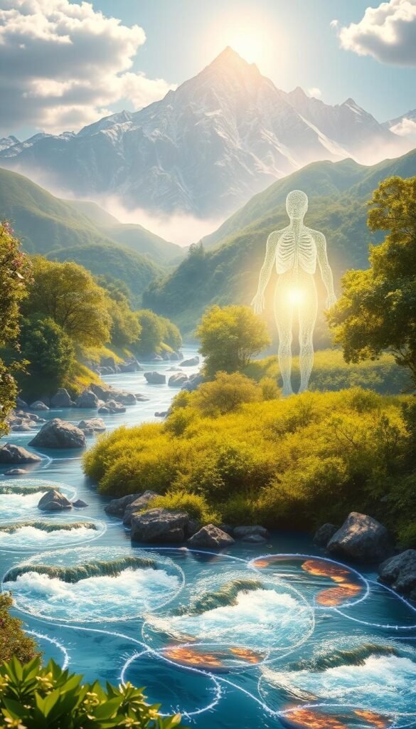 A vibrant, ethereal landscape depicting the human body's natural detoxification system. In the foreground, a luminous, flowing river symbolizes the circulatory system, its waters purifying and renewing the body. Surrounding the river, lush, verdant foliage represents the lymphatic system, filtering and cleansing. In the middle ground, a glowing, crystalline structure embodies the kidneys, efficiently removing waste and toxins. In the background, a majestic, sun-dappled mountain range signifies the respiratory system, the lungs drawing in fresh, revitalizing air. The entire scene is bathed in a warm, spiritual glow, conveying the harmony and balance of the body's natural detoxification processes. A vibrant, ethereal landscape depicting the human body's natural detoxification system. In the foreground, a luminous, flowing river symbolizes the circulatory system, its waters purifying and renewing the body. Surrounding the river, lush, verdant foliage represents the lymphatic system, filtering and cleansing. In the middle ground, a glowing, crystalline structure embodies the kidneys, efficiently removing waste and toxins. In the background, a majestic, sun-dappled mountain range signifies the respiratory system, the lungs drawing in fresh, revitalizing air. The entire scene is bathed in a warm, spiritual glow, conveying the harmony and balance of the body's natural detoxification processes.