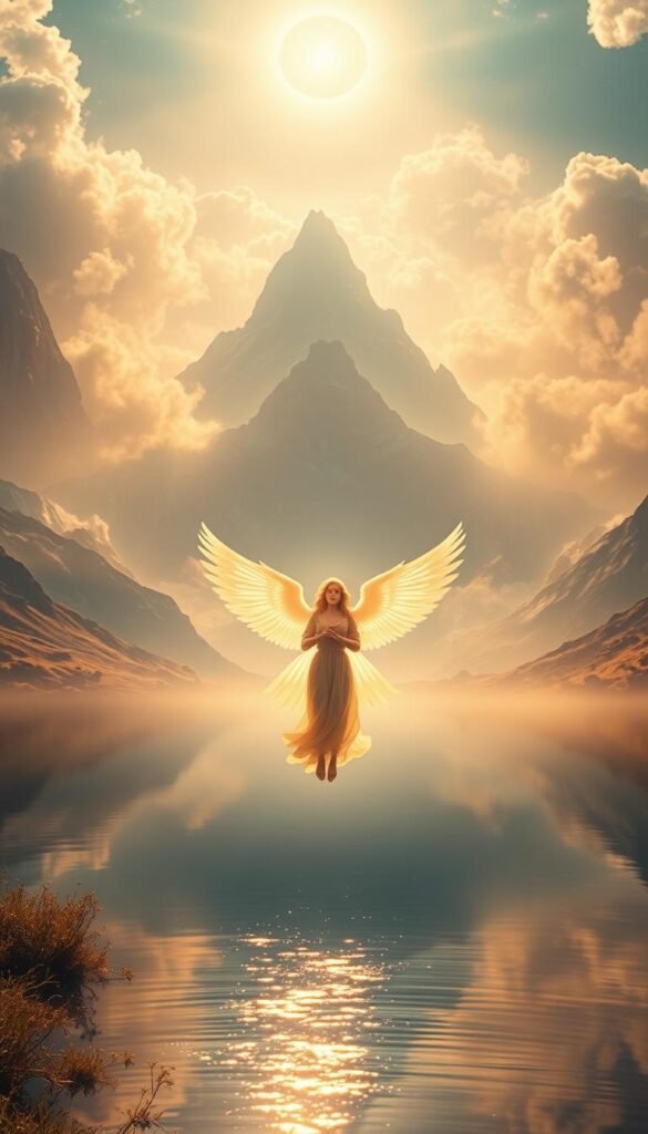 A vibrant, ethereal landscape filled with angelic energy. In the foreground, a glowing figure with outstretched wings and a serene expression hovers above a tranquil lake, its surface reflecting the shimmering celestial scene. Swirling clouds of iridescent light dance across the middle ground, casting a soft, sacred glow. In the distance, a majestic mountain range rises, its peaks capped with a halo of divine radiance. The lighting is warm and diffused, creating an atmosphere of profound spiritual significance. Captured with a wide-angle lens to emphasize the grandeur and transcendent beauty of the angelic realm.