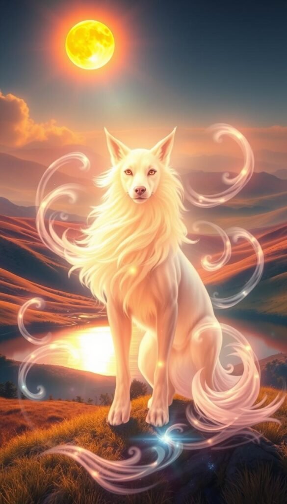 A vibrant, ethereal landscape of gentle rolling hills and a serene lake, illuminated by a warm, glowing sun. In the foreground, a powerful yet graceful animal spirit guide, its translucent form emanating a soft, otherworldly light. The animal's eyes are wise and penetrating, as if imparting ancient wisdom. Swirling, ethereal wisps of energy surround the spirit guide, creating a sense of mysticism and connection to the natural world. The overall scene conveys a sense of inner reflection, guidance, and a deeper understanding of the spiritual essence within all things. A vibrant, ethereal landscape of gentle rolling hills and a serene lake, illuminated by a warm, glowing sun. In the foreground, a powerful yet graceful animal spirit guide, its translucent form emanating a soft, otherworldly light. The animal's eyes are wise and penetrating, as if imparting ancient wisdom. Swirling, ethereal wisps of energy surround the spirit guide, creating a sense of mysticism and connection to the natural world. The overall scene conveys a sense of inner reflection, guidance, and a deeper understanding of the spiritual essence within all things.