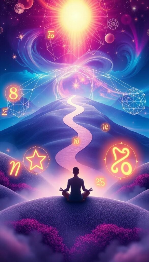 A vibrant, ethereal landscape showcasing the symbolic significance of life path numbers. In the foreground, a serene, meditative figure sits cross-legged, surrounded by glowing, translucent numerical symbols that emanate a warm, mystical aura. The middle ground features a winding path leading deeper into the scene, flanked by stylized, geometric patterns and celestial motifs that represent the interconnectedness of one's life journey. The background is a dreamlike, kaleidoscopic expanse of swirling colors and celestial elements, conveying a sense of the spiritual guidance and higher purpose inherent in life path numerology. Soft, diffused lighting bathes the scene in an otherworldly, contemplative glow, inviting the viewer to ponder the profound influence of one's personal life path.