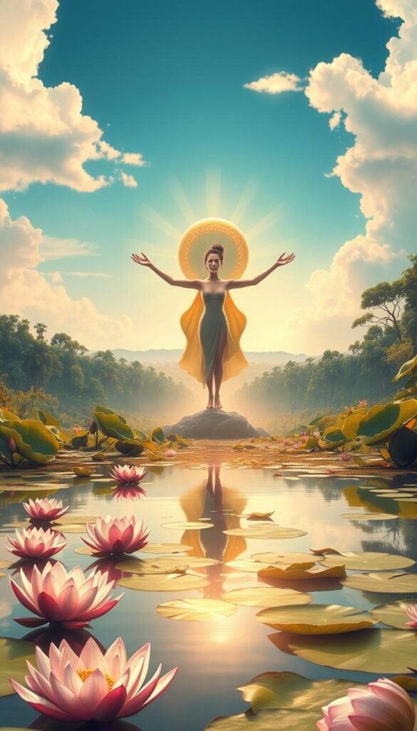 A vibrant, ethereal landscape with a central figure representing rebirth and new beginnings. In the foreground, a serene, lotus-filled pond reflects the sky, its tranquil waters symbolizing a cleansing and purification. The middle ground features a graceful, androgynous figure emerging from a chrysalis, their arms outstretched in a gesture of renewal and transformation. Soft, diffused lighting bathes the scene in a warm, golden glow, creating a sense of spiritual enlightenment. In the background, a towering, tree-lined horizon suggests growth, progress, and the cyclical nature of life. The overall mood is one of hope, renewal, and the promise of a fresh start. A vibrant, ethereal landscape with a central figure representing rebirth and new beginnings. In the foreground, a serene, lotus-filled pond reflects the sky, its tranquil waters symbolizing a cleansing and purification. The middle ground features a graceful, androgynous figure emerging from a chrysalis, their arms outstretched in a gesture of renewal and transformation. Soft, diffused lighting bathes the scene in a warm, golden glow, creating a sense of spiritual enlightenment. In the background, a towering, tree-lined horizon suggests growth, progress, and the cyclical nature of life. The overall mood is one of hope, renewal, and the promise of a fresh start.