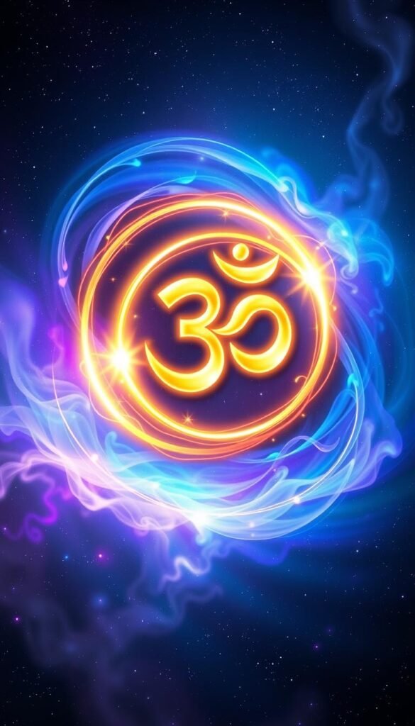 A vibrant, ethereal representation of the sacred "Om/Aum" sound, the primordial vibration of the universe. In the foreground, a luminous, golden spiral emanates outward, symbolizing the divine energy that permeates all creation. Nested within, a translucent, glowing "Om" symbol levitates, its three curves representing the waking, dreaming, and deep sleep states. The middle ground features swirling, iridescent energies in shades of indigo, violet, and azure, evoking a sense of the mystical and transcendent. The background is a vast, starry expanse, with wisps of cosmic mist drifting gently, suggesting the boundless nature of the primordial sound. The overall composition is imbued with a serene, contemplative atmosphere, inviting the viewer to experience the profound significance of the "Om/Aum" mantra. A vibrant, ethereal representation of the sacred "Om/Aum" sound, the primordial vibration of the universe. In the foreground, a luminous, golden spiral emanates outward, symbolizing the divine energy that permeates all creation. Nested within, a translucent, glowing "Om" symbol levitates, its three curves representing the waking, dreaming, and deep sleep states. The middle ground features swirling, iridescent energies in shades of indigo, violet, and azure, evoking a sense of the mystical and transcendent. The background is a vast, starry expanse, with wisps of cosmic mist drifting gently, suggesting the boundless nature of the primordial sound. The overall composition is imbued with a serene, contemplative atmosphere, inviting the viewer to experience the profound significance of the "Om/Aum" mantra.