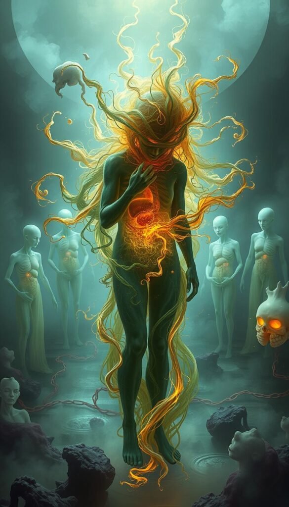 A vibrant, ethereal scene depicting the common symptoms of toxin overload. In the foreground, a figure wreathed in swirling, spectral energies, their limbs contorted in discomfort. Surrounding them, a kaleidoscope of distorted, sickly hues - greens, yellows, and reds, conveying the internal turmoil of an overburdened system. In the middle ground, ghostly, translucent forms suggestive of organs and tissues, each pulsing with an unsettling, irregular rhythm. The background shrouded in a mystical, dreamlike atmosphere, with subtle, otherworldly lighting casting an eerie glow. The overall impression is one of disharmony, imbalance, and the need for holistic healing and detoxification. A vibrant, ethereal scene depicting the common symptoms of toxin overload. In the foreground, a figure wreathed in swirling, spectral energies, their limbs contorted in discomfort. Surrounding them, a kaleidoscope of distorted, sickly hues - greens, yellows, and reds, conveying the internal turmoil of an overburdened system. In the middle ground, ghostly, translucent forms suggestive of organs and tissues, each pulsing with an unsettling, irregular rhythm. The background shrouded in a mystical, dreamlike atmosphere, with subtle, otherworldly lighting casting an eerie glow. The overall impression is one of disharmony, imbalance, and the need for holistic healing and detoxification.