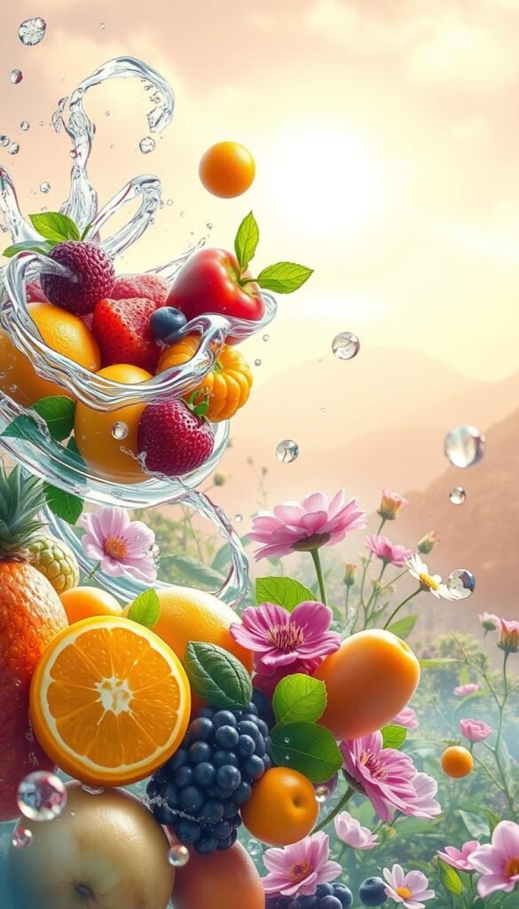 A vibrant, ethereal scene depicting the essence of diet and hydration for skin detox. In the foreground, an assortment of fresh, colorful fruits and vegetables float gracefully, their lush textures and vivid hues radiating a sense of nourishment. Swirling, translucent orbs of water surround the produce, symbolizing the importance of hydration. In the middle ground, delicate flowers and verdant foliage emerge, creating a serene, botanical atmosphere. The background is a dreamlike, spiritual landscape, bathed in warm, diffused lighting and hues of gold, pink, and lavender, evoking a sense of balance and rejuvenation. The overall composition conveys the harmonious synergy between a wholesome diet, adequate hydration, and the rejuvenation of the skin. A vibrant, ethereal scene depicting the essence of diet and hydration for skin detox. In the foreground, an assortment of fresh, colorful fruits and vegetables float gracefully, their lush textures and vivid hues radiating a sense of nourishment. Swirling, translucent orbs of water surround the produce, symbolizing the importance of hydration. In the middle ground, delicate flowers and verdant foliage emerge, creating a serene, botanical atmosphere. The background is a dreamlike, spiritual landscape, bathed in warm, diffused lighting and hues of gold, pink, and lavender, evoking a sense of balance and rejuvenation. The overall composition conveys the harmonious synergy between a wholesome diet, adequate hydration, and the rejuvenation of the skin.
