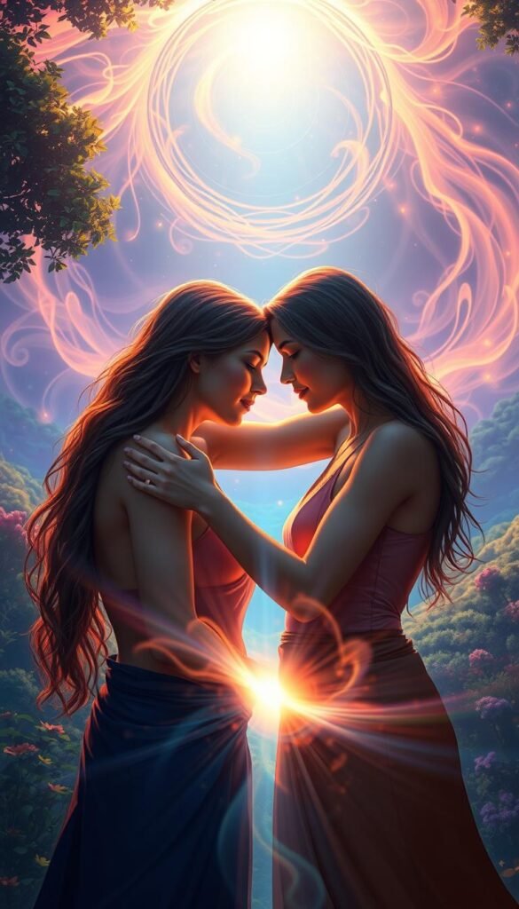 A vibrant, ethereal scene depicting the essence of enhancing relationships through gratitude and receiving. In the foreground, two figures embrace, their bodies radiating warmth and connection. Their expressions convey a sense of deep appreciation and openness. Behind them, a lush, dreamlike landscape unfolds, with swirling patterns of light and color symbolizing the spiritual energies that nourish relationships. The lighting is soft and diffused, creating an atmosphere of serenity and balance. The composition draws the viewer inward, inviting them to feel the transformative power of gratitude and the joy of mutual giving and receiving. A vibrant, ethereal scene depicting the essence of enhancing relationships through gratitude and receiving. In the foreground, two figures embrace, their bodies radiating warmth and connection. Their expressions convey a sense of deep appreciation and openness. Behind them, a lush, dreamlike landscape unfolds, with swirling patterns of light and color symbolizing the spiritual energies that nourish relationships. The lighting is soft and diffused, creating an atmosphere of serenity and balance. The composition draws the viewer inward, inviting them to feel the transformative power of gratitude and the joy of mutual giving and receiving.