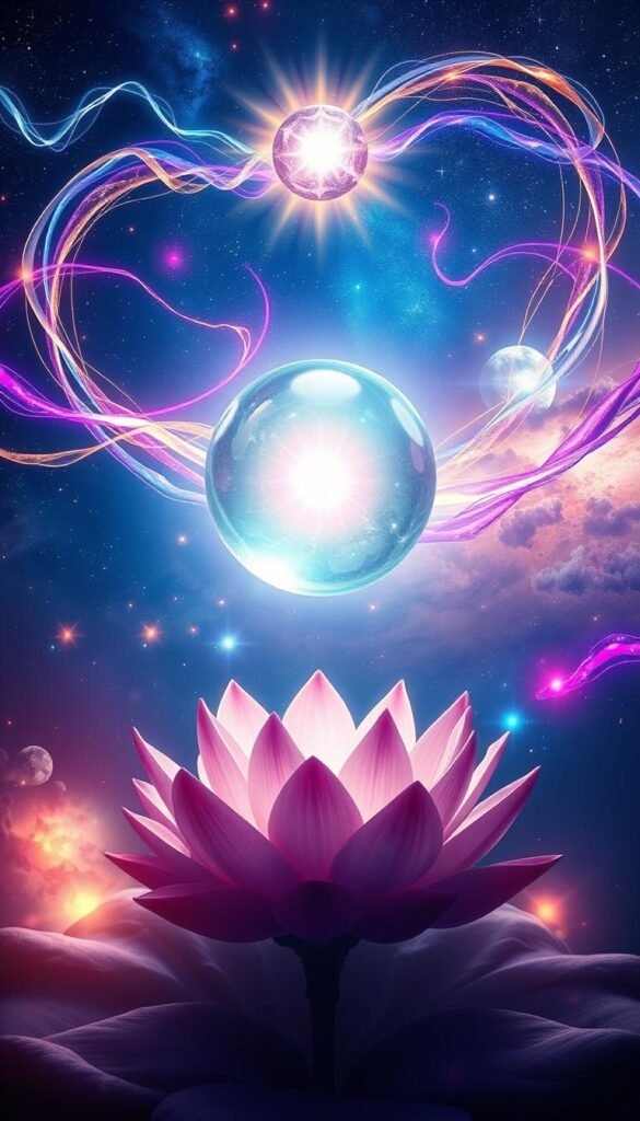 A vibrant, ethereal scene depicting the key principles of the Law of Attraction. In the foreground, a glowing crystal sphere hovers, representing the power of manifestation. Surrounding it, swirling ribbons of energy in shimmering hues of indigo, violet, and gold symbolize the interconnectedness of thoughts, feelings, and the universe. In the middle ground, a lotus flower unfurls its petals, signifying growth, harmony, and spiritual enlightenment. The background features a cosmic landscape of nebulae, stars, and celestial bodies, conveying the boundless potential of the universe. Soft, diffused lighting imbues the scene with a sense of tranquility and wonder, inviting the viewer to contemplate the profound wisdom of the Law of Attraction. A vibrant, ethereal scene depicting the key principles of the Law of Attraction. In the foreground, a glowing crystal sphere hovers, representing the power of manifestation. Surrounding it, swirling ribbons of energy in shimmering hues of indigo, violet, and gold symbolize the interconnectedness of thoughts, feelings, and the universe. In the middle ground, a lotus flower unfurls its petals, signifying growth, harmony, and spiritual enlightenment. The background features a cosmic landscape of nebulae, stars, and celestial bodies, conveying the boundless potential of the universe. Soft, diffused lighting imbues the scene with a sense of tranquility and wonder, inviting the viewer to contemplate the profound wisdom of the Law of Attraction.