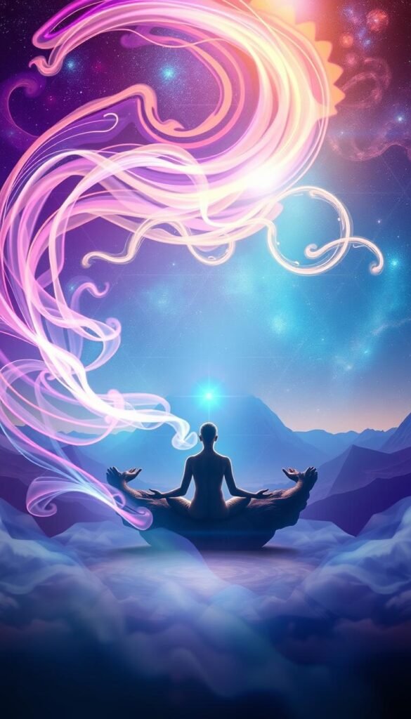 A vibrant, ethereal scene depicting the practice of manifestation. In the foreground, a serene figure sits in a lotus position, palms upturned, exuding a sense of focused intention. Swirling energy flows around them, manifesting as wispy, luminous tendrils in hues of purple, blue, and gold. The middle ground features abstract, geometric patterns that symbolize the metaphysical processes at work, while the background showcases a cosmic landscape of starry skies and distant nebulae. The lighting is soft and diffuse, creating an atmosphere of tranquility and wonder. Capture this scene with a wide-angle lens to accentuate the expansive, spiritual nature of the subject. A vibrant, ethereal scene depicting the practice of manifestation. In the foreground, a serene figure sits in a lotus position, palms upturned, exuding a sense of focused intention. Swirling energy flows around them, manifesting as wispy, luminous tendrils in hues of purple, blue, and gold. The middle ground features abstract, geometric patterns that symbolize the metaphysical processes at work, while the background showcases a cosmic landscape of starry skies and distant nebulae. The lighting is soft and diffuse, creating an atmosphere of tranquility and wonder. Capture this scene with a wide-angle lens to accentuate the expansive, spiritual nature of the subject.