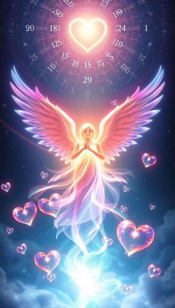 A vibrant, ethereal scene of "Manifesting Love Through Angel Numbers". In the foreground, a luminous angelic figure radiates love and compassion, its wings outstretched in a protective gesture. Swirling, iridescent energy fields surround the angel, reflecting the glow of a warm, celestial light source. In the middle ground, delicate, translucent heart shapes float weightlessly, symbolizing the energetic connection between the divine and the human realm. The background features a mystical, starry sky with shimmering, numeric patterns that represent the guiding influence of angel numbers. The overall composition evokes a sense of spiritual transcendence, inner harmony, and the manifestation of profound, unconditional love. A vibrant, ethereal scene of "Manifesting Love Through Angel Numbers". In the foreground, a luminous angelic figure radiates love and compassion, its wings outstretched in a protective gesture. Swirling, iridescent energy fields surround the angel, reflecting the glow of a warm, celestial light source. In the middle ground, delicate, translucent heart shapes float weightlessly, symbolizing the energetic connection between the divine and the human realm. The background features a mystical, starry sky with shimmering, numeric patterns that represent the guiding influence of angel numbers. The overall composition evokes a sense of spiritual transcendence, inner harmony, and the manifestation of profound, unconditional love.