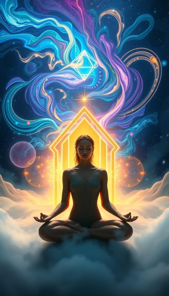 A vibrant, ethereal visualization of inner transformation and manifestation. In the foreground, a serene figure in a meditative pose, radiating an aura of focused energy. Behind them, swirling abstract forms in hues of blue, purple, and gold symbolize the subconscious mind and dynamic mental processes. The middle ground features a glowing, geometric portal or gateway, suggesting a pathway to the desired outcomes. The background is a luminous, starry expanse, conveying a sense of boundless potential and cosmic connection. The lighting is soft, diffused, and otherworldly, creating an atmosphere of introspection and transcendence. Captured with a wide-angle lens to emphasize the expansive, visionary nature of the scene. A vibrant, ethereal visualization of inner transformation and manifestation. In the foreground, a serene figure in a meditative pose, radiating an aura of focused energy. Behind them, swirling abstract forms in hues of blue, purple, and gold symbolize the subconscious mind and dynamic mental processes. The middle ground features a glowing, geometric portal or gateway, suggesting a pathway to the desired outcomes. The background is a luminous, starry expanse, conveying a sense of boundless potential and cosmic connection. The lighting is soft, diffused, and otherworldly, creating an atmosphere of introspection and transcendence. Captured with a wide-angle lens to emphasize the expansive, visionary nature of the scene.