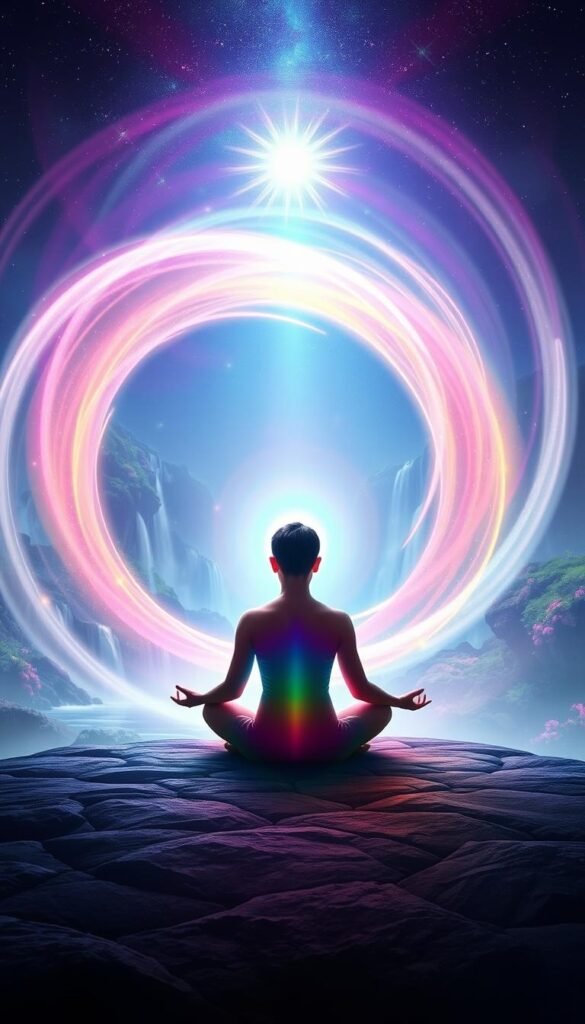 A vibrant, ethereal visualization of personal growth techniques. In the foreground, a person sits in a tranquil lotus position, their aura glowing with a spectrum of hues. Surrounding them, a swirling vortex of energy in shimmering pastel tones, representing the flow of enlightenment and transformation. In the background, a mystical landscape unfolds, with cascading waterfalls, lush flora, and a starry night sky, creating a sense of infinite possibility. Soft, diffused lighting illuminates the scene, capturing the meditative and introspective nature of the visualization process. The overall composition conveys a sense of balance, harmony, and a journey towards self-discovery and personal evolution. A vibrant, ethereal visualization of personal growth techniques. In the foreground, a person sits in a tranquil lotus position, their aura glowing with a spectrum of hues. Surrounding them, a swirling vortex of energy in shimmering pastel tones, representing the flow of enlightenment and transformation. In the background, a mystical landscape unfolds, with cascading waterfalls, lush flora, and a starry night sky, creating a sense of infinite possibility. Soft, diffused lighting illuminates the scene, capturing the meditative and introspective nature of the visualization process. The overall composition conveys a sense of balance, harmony, and a journey towards self-discovery and personal evolution.