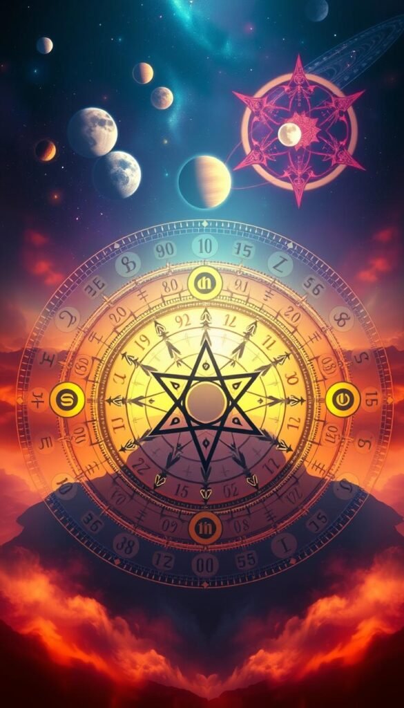 A vibrant geometric mandala with numerological symbols and patterns, set against a serene, mystical backdrop. The foreground features a central pentagram, surrounded by concentric circles of numerals, runes, and celestial iconography. The middle ground showcases stylized depictions of the four elements - fire, water, air, and earth - each represented by their corresponding numerological associations. The background depicts a softly glowing, ethereal landscape, with hints of planets, moons, and nebulae, creating a sense of cosmic interconnectedness. The overall aesthetic is one of harmony, wisdom, and the transformative power of numerology as a lifestyle practice. Dramatic lighting casts deep shadows, imbuing the scene with a sense of depth and mystique. Warm, saturated tones and a painterly, dreamlike quality evoke a timeless, spiritual atmosphere. A vibrant geometric mandala with numerological symbols and patterns, set against a serene, mystical backdrop. The foreground features a central pentagram, surrounded by concentric circles of numerals, runes, and celestial iconography. The middle ground showcases stylized depictions of the four elements - fire, water, air, and earth - each represented by their corresponding numerological associations. The background depicts a softly glowing, ethereal landscape, with hints of planets, moons, and nebulae, creating a sense of cosmic interconnectedness. The overall aesthetic is one of harmony, wisdom, and the transformative power of numerology as a lifestyle practice. Dramatic lighting casts deep shadows, imbuing the scene with a sense of depth and mystique. Warm, saturated tones and a painterly, dreamlike quality evoke a timeless, spiritual atmosphere.