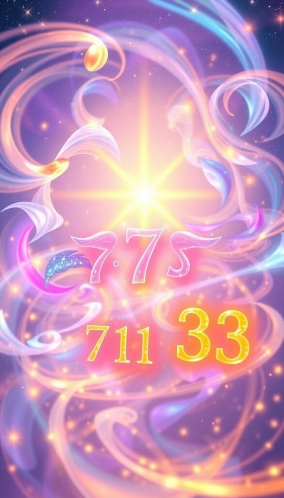 A vibrant kaleidoscope of healing numbers, glowing with ethereal light. In the foreground, a cluster of numerals - 3, 7, 11, 33 - radiate warmth and divine energy. Surrounding them, a whirlwind of swirling, translucent shapes in soothing shades of blue, purple, and gold. In the background, a luminous, starry sky frames the scene, conveying a sense of cosmic harmony. Soft, diffused lighting casts a heavenly glow, imbuing the image with a serene, spiritual atmosphere. The overall composition evokes the mystical significance of angel numbers in the process of healing and self-discovery. A vibrant kaleidoscope of healing numbers, glowing with ethereal light. In the foreground, a cluster of numerals - 3, 7, 11, 33 - radiate warmth and divine energy. Surrounding them, a whirlwind of swirling, translucent shapes in soothing shades of blue, purple, and gold. In the background, a luminous, starry sky frames the scene, conveying a sense of cosmic harmony. Soft, diffused lighting casts a heavenly glow, imbuing the image with a serene, spiritual atmosphere. The overall composition evokes the mystical significance of angel numbers in the process of healing and self-discovery.