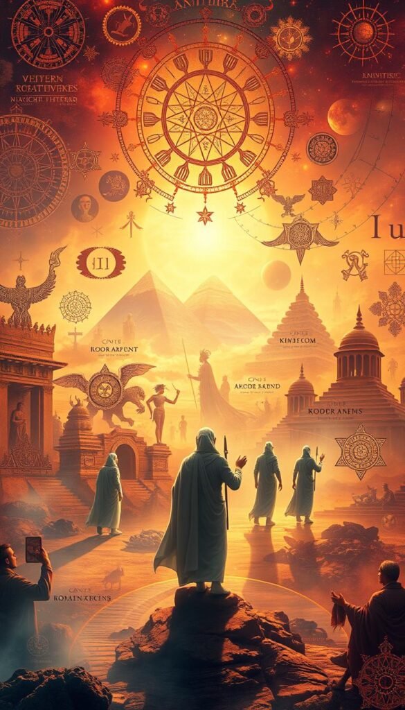 A vibrant kaleidoscope of numerological symbols and archetypes from diverse cultures, bathed in warm, ethereal light. In the foreground, a tapestry of ancient numerological diagrams, sacred geometry, and symbolic glyphs from traditions such as Vedic, Chinese, Mayan, and Kabbalistic. In the middle ground, ghostly figures representing the mystic, the sage, and the initiate, engaged in contemplation. In the hazy background, a richly textured landscape of temples, pyramids, and celestial motifs, evoking the timeless mysteries of numerology across the ages. A vibrant kaleidoscope of numerological symbols and archetypes from diverse cultures, bathed in warm, ethereal light. In the foreground, a tapestry of ancient numerological diagrams, sacred geometry, and symbolic glyphs from traditions such as Vedic, Chinese, Mayan, and Kabbalistic. In the middle ground, ghostly figures representing the mystic, the sage, and the initiate, engaged in contemplation. In the hazy background, a richly textured landscape of temples, pyramids, and celestial motifs, evoking the timeless mysteries of numerology across the ages.