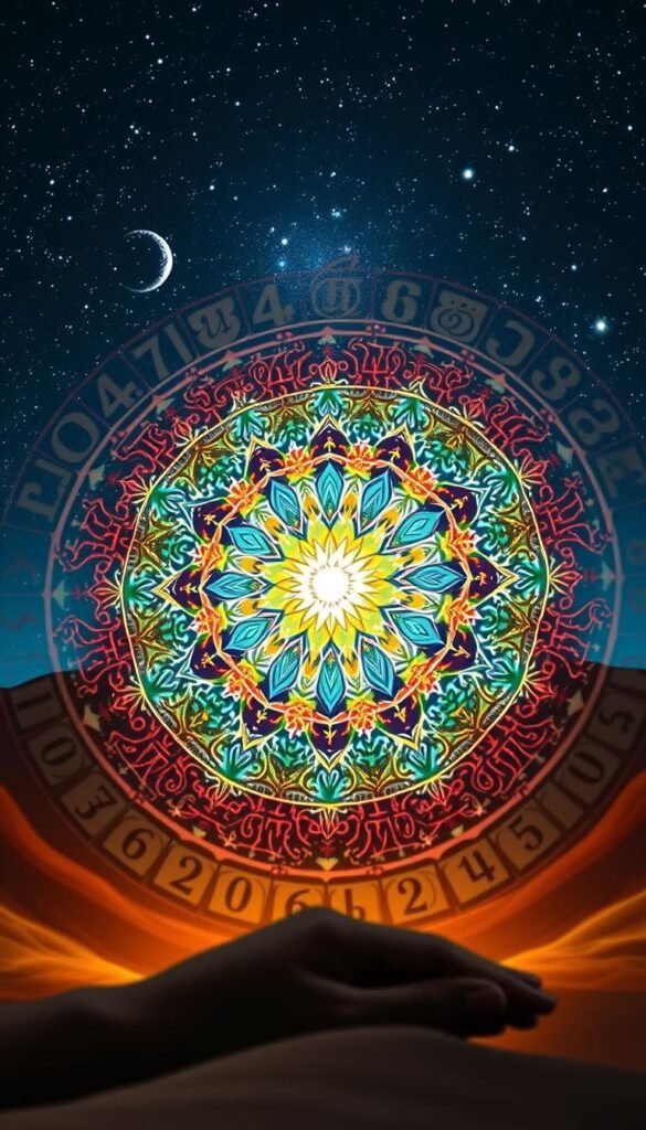 A vibrant mandala-like composition showcasing the diverse cultural interpretations of numbers. In the foreground, symbolic number representations from around the world are intricately woven - numerals, glyphs, astrological symbols, and sacred geometric patterns. The middle ground features a kaleidoscope of colors, textures, and ethereal light, creating a sense of mysticism and interconnectedness. In the background, a starry night sky or a cosmic landscape serves as a canvas, hinting at the spiritual and universal nature of numerical symbolism. The lighting is warm and diffused, evoking a sense of contemplation and wonder. The camera angle is slightly elevated, allowing the viewer to immerse themselves in this visually captivating exploration of the cultural and spiritual meanings of numbers. A vibrant mandala-like composition showcasing the diverse cultural interpretations of numbers. In the foreground, symbolic number representations from around the world are intricately woven - numerals, glyphs, astrological symbols, and sacred geometric patterns. The middle ground features a kaleidoscope of colors, textures, and ethereal light, creating a sense of mysticism and interconnectedness. In the background, a starry night sky or a cosmic landscape serves as a canvas, hinting at the spiritual and universal nature of numerical symbolism. The lighting is warm and diffused, evoking a sense of contemplation and wonder. The camera angle is slightly elevated, allowing the viewer to immerse themselves in this visually captivating exploration of the cultural and spiritual meanings of numbers.