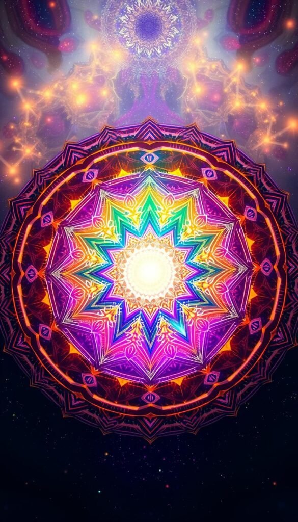 A vibrant mandala of sacred geometry, ethereal light, and transcendent symbols. In the foreground, a central orb of dazzling luminescence, its radiance casting a mystical glow upon the intricate patterns that unfold across the canvas. Concentric rings of numerological significance - the ancient archetypes of unity, duality, trinity, and beyond - intertwine in a captivating dance of cosmic harmony. The middle ground features a spectrum of jewel-toned hues, each shade imbued with deeper metaphysical meaning. In the background, a shimmering, ethereal backdrop evokes a sense of timeless, spiritual contemplation. Ambient lighting filters through, creating an atmosphere of profound mystery and enlightenment. A vibrant mandala of sacred geometry, ethereal light, and transcendent symbols. In the foreground, a central orb of dazzling luminescence, its radiance casting a mystical glow upon the intricate patterns that unfold across the canvas. Concentric rings of numerological significance - the ancient archetypes of unity, duality, trinity, and beyond - intertwine in a captivating dance of cosmic harmony. The middle ground features a spectrum of jewel-toned hues, each shade imbued with deeper metaphysical meaning. In the background, a shimmering, ethereal backdrop evokes a sense of timeless, spiritual contemplation. Ambient lighting filters through, creating an atmosphere of profound mystery and enlightenment.