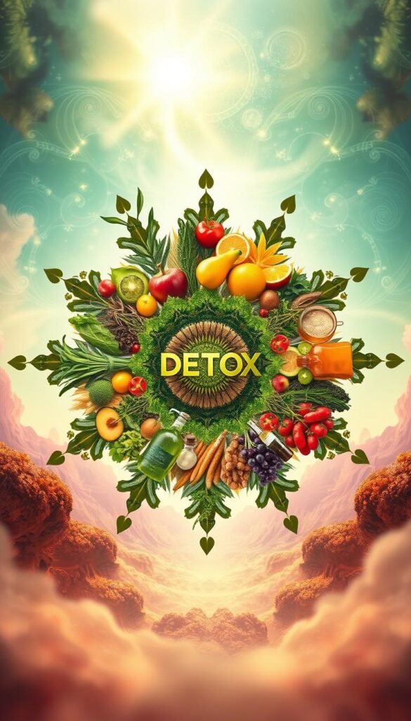 A vibrant mandala-style composition depicting various types of detox diets. In the foreground, an array of fresh produce, herbs, and cleansing superfoods arranged in a radial pattern, each element symbolic of a specific detox approach. The middle ground features glass jugs, tinctures, and holistic supplements, representing the tools and tonics associated with different detoxification programs. The background showcases a dreamy, ethereal landscape with swirling energetic patterns, conveying the spiritual, restorative nature of a holistic detox journey. The entire scene is bathed in a warm, diffused lighting, creating a soothing, contemplative atmosphere. A vibrant mandala-style composition depicting various types of detox diets. In the foreground, an array of fresh produce, herbs, and cleansing superfoods arranged in a radial pattern, each element symbolic of a specific detox approach. The middle ground features glass jugs, tinctures, and holistic supplements, representing the tools and tonics associated with different detoxification programs. The background showcases a dreamy, ethereal landscape with swirling energetic patterns, conveying the spiritual, restorative nature of a holistic detox journey. The entire scene is bathed in a warm, diffused lighting, creating a soothing, contemplative atmosphere.