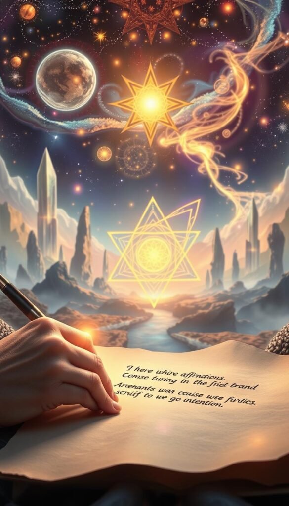 A vibrant, mystical scene depicting the power of present-tense scripting. In the foreground, a hand gracefully writes affirmations on a luminous parchment, the ink glowing with ethereal energy. In the middle ground, a kaleidoscope of sacred geometric shapes and swirling energy fields dance and intertwine, representing the manifestation of intention. The background is a dreamlike landscape, with towering crystals, hovering orbs, and a celestial sky aglow with shimmering stars and cosmic phenomena. Soft, warm lighting imbues the scene with a sense of inspiration and spiritual awakening. The overall atmosphere is one of focused intention, creative flow, and the transformative power of the present moment. A vibrant, mystical scene depicting the power of present-tense scripting. In the foreground, a hand gracefully writes affirmations on a luminous parchment, the ink glowing with ethereal energy. In the middle ground, a kaleidoscope of sacred geometric shapes and swirling energy fields dance and intertwine, representing the manifestation of intention. The background is a dreamlike landscape, with towering crystals, hovering orbs, and a celestial sky aglow with shimmering stars and cosmic phenomena. Soft, warm lighting imbues the scene with a sense of inspiration and spiritual awakening. The overall atmosphere is one of focused intention, creative flow, and the transformative power of the present moment.