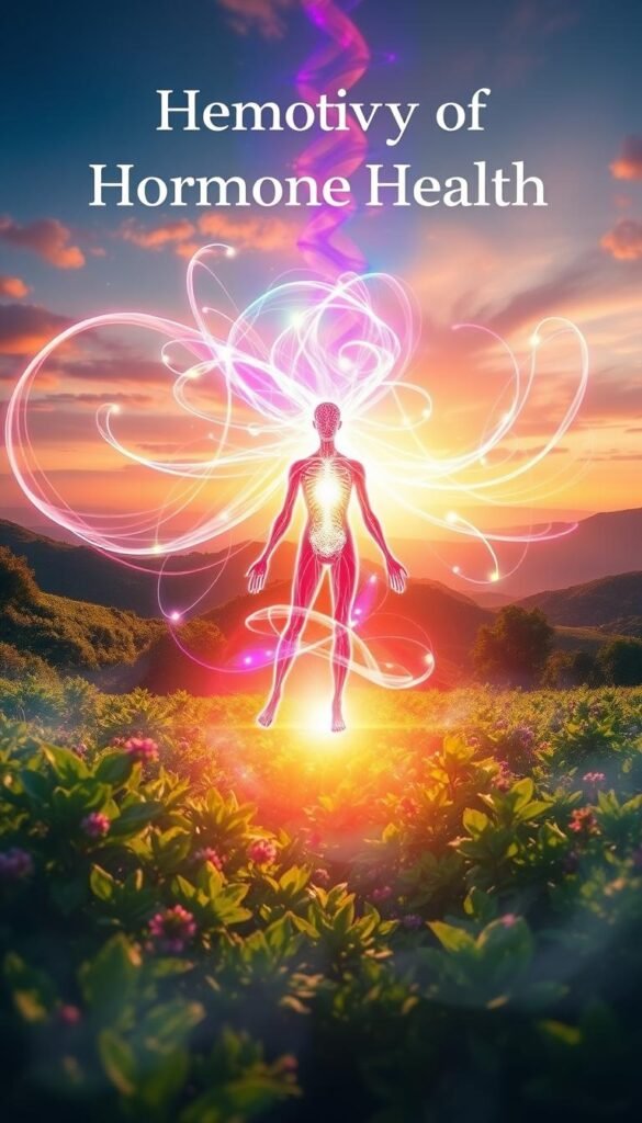 A vibrant, serene scene depicting the journey of hormone health. In the foreground, a glowing central figure representing the endocrine system, surrounded by swirling energetic wisps in a spectrum of hues. The middle ground features lush, verdant flora symbolizing balance and growth, bathed in warm, diffused lighting. In the background, a tranquil landscape with rolling hills and a distant horizon, conveying a sense of calm and wholeness. The overall atmosphere is one of harmony, vitality, and a connection to the natural world, inspiring the viewer to embark on their own hormone detox journey. A vibrant, serene scene depicting the journey of hormone health. In the foreground, a glowing central figure representing the endocrine system, surrounded by swirling energetic wisps in a spectrum of hues. The middle ground features lush, verdant flora symbolizing balance and growth, bathed in warm, diffused lighting. In the background, a tranquil landscape with rolling hills and a distant horizon, conveying a sense of calm and wholeness. The overall atmosphere is one of harmony, vitality, and a connection to the natural world, inspiring the viewer to embark on their own hormone detox journey.