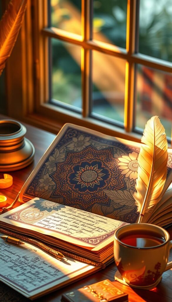 A vibrant, spiritual dream journal with intricate floral and geometric patterns adorning its cover. Warm, golden light filters through a window, casting a soft glow on the journal's surface. The pages inside are filled with handwritten notes and sketches, reflecting the owner's deepest insights and imaginings. A quill pen and a cup of tea rest nearby, adding to the cozy, contemplative atmosphere. The entire scene is imbued with a sense of wonder and the pursuit of self-discovery through the exploration of the subconscious mind. A vibrant, spiritual dream journal with intricate floral and geometric patterns adorning its cover. Warm, golden light filters through a window, casting a soft glow on the journal's surface. The pages inside are filled with handwritten notes and sketches, reflecting the owner's deepest insights and imaginings. A quill pen and a cup of tea rest nearby, adding to the cozy, contemplative atmosphere. The entire scene is imbued with a sense of wonder and the pursuit of self-discovery through the exploration of the subconscious mind.