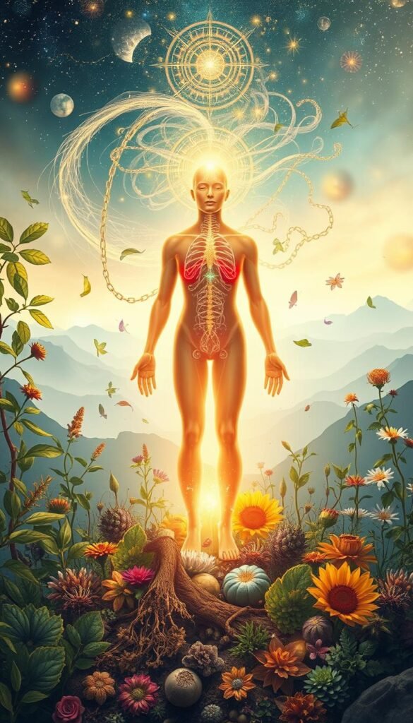 A vibrant, spiritual illustration depicting the effectiveness of an herbal detox. In the foreground, a glowing, translucent figure representing the human body, surrounded by a swirling array of medicinal herbs and plants. The middle ground features a detailed array of botanical elements, including leaves, flowers, and roots, all bathed in a warm, ethereal light. In the background, a dreamlike landscape unfolds, with soft, hazy mountains and a serene, cosmic sky overhead. The overall composition conveys a sense of balance, rejuvenation, and the harmonious integration of nature's restorative powers. Lighting is soft and diffused, creating a contemplative, mystical atmosphere. A vibrant, spiritual illustration depicting the effectiveness of an herbal detox. In the foreground, a glowing, translucent figure representing the human body, surrounded by a swirling array of medicinal herbs and plants. The middle ground features a detailed array of botanical elements, including leaves, flowers, and roots, all bathed in a warm, ethereal light. In the background, a dreamlike landscape unfolds, with soft, hazy mountains and a serene, cosmic sky overhead. The overall composition conveys a sense of balance, rejuvenation, and the harmonious integration of nature's restorative powers. Lighting is soft and diffused, creating a contemplative, mystical atmosphere.