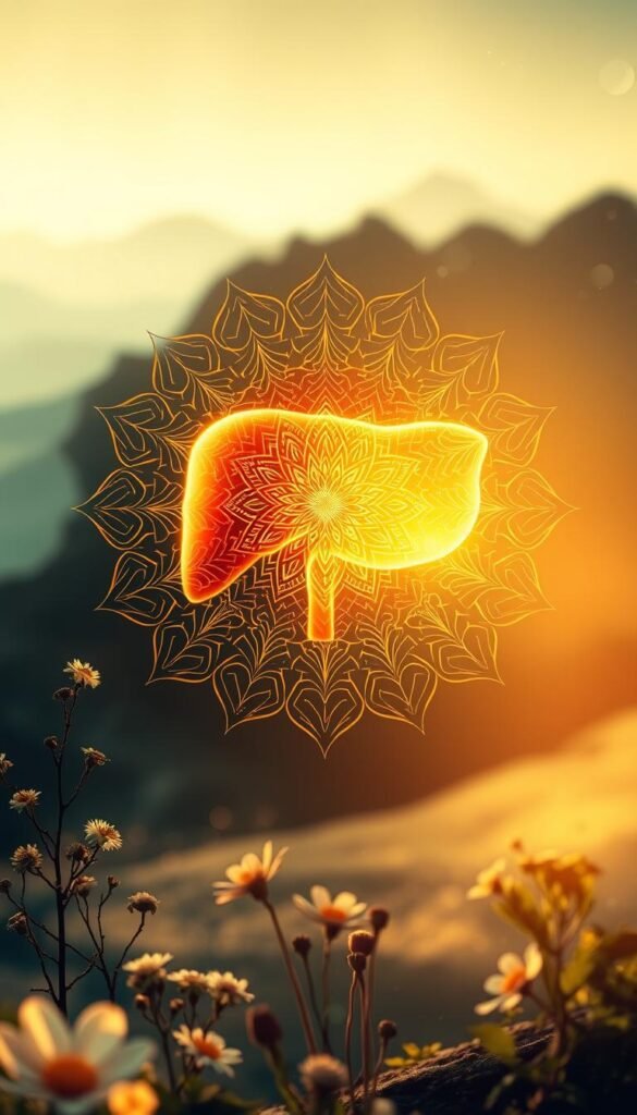 A vibrant, spiritual illustration depicting the health and prevention of the liver. In the foreground, a glowing, translucent liver organ pulsates with a warm, golden light, symbolizing its vital function. Surrounding it, intricate, mandala-like patterns radiate outward, representing the interconnected systems that support liver wellness. In the middle ground, delicate plant life, such as artfully arranged herbs and botanicals, suggest natural remedies and holistic approaches to liver care. The background features a serene, ethereal landscape bathed in soft, diffused lighting, conveying a sense of balance and tranquility. The overall composition evokes a feeling of harmony, resilience, and the body's innate ability to heal and protect itself. A vibrant, spiritual illustration depicting the health and prevention of the liver. In the foreground, a glowing, translucent liver organ pulsates with a warm, golden light, symbolizing its vital function. Surrounding it, intricate, mandala-like patterns radiate outward, representing the interconnected systems that support liver wellness. In the middle ground, delicate plant life, such as artfully arranged herbs and botanicals, suggest natural remedies and holistic approaches to liver care. The background features a serene, ethereal landscape bathed in soft, diffused lighting, conveying a sense of balance and tranquility. The overall composition evokes a feeling of harmony, resilience, and the body's innate ability to heal and protect itself.
