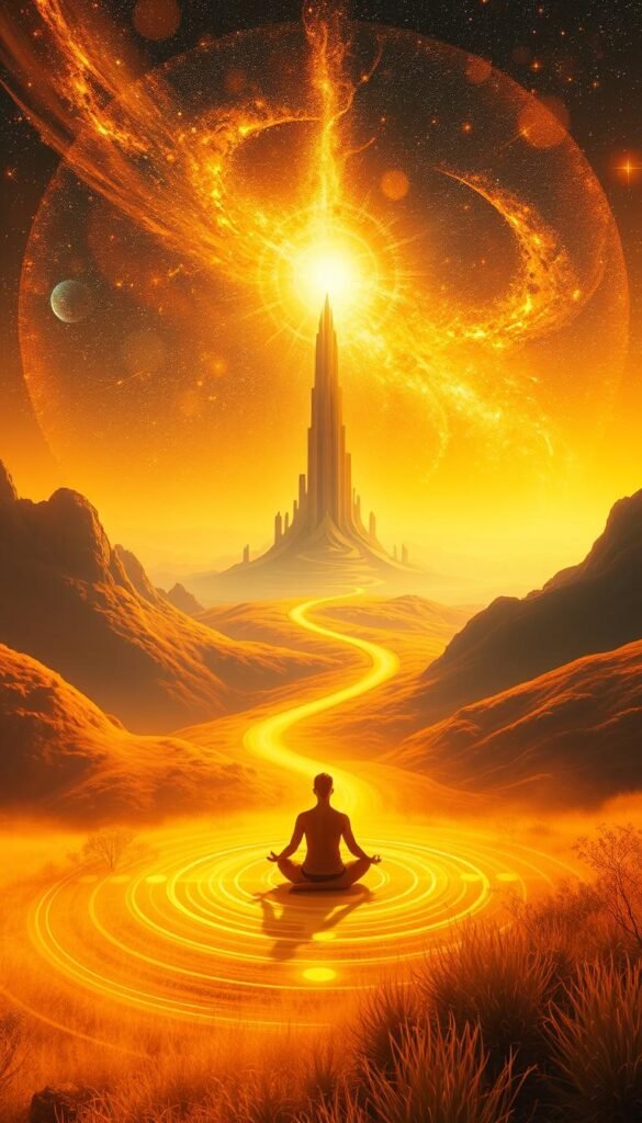 A vibrant spiritual landscape, bathed in warm hues of amber and gold. In the foreground, a figure sits in a meditative pose, their aura radiating outward in swirling patterns of light. The middle ground features a winding path, leading the eye toward a distant horizon where a towering, ethereal structure stands, its form shifting and transforming. The background is a kaleidoscope of cosmic energy, with shimmering stars and galaxies that seem to dance across the canvas. Soft, diffused lighting casts a serene, introspective mood, inviting the viewer to contemplate the impact of karmic lessons on the journey of life. A vibrant spiritual landscape, bathed in warm hues of amber and gold. In the foreground, a figure sits in a meditative pose, their aura radiating outward in swirling patterns of light. The middle ground features a winding path, leading the eye toward a distant horizon where a towering, ethereal structure stands, its form shifting and transforming. The background is a kaleidoscope of cosmic energy, with shimmering stars and galaxies that seem to dance across the canvas. Soft, diffused lighting casts a serene, introspective mood, inviting the viewer to contemplate the impact of karmic lessons on the journey of life.