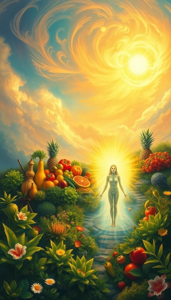 A vibrant, spiritual landscape depicting the benefits of a detox diet plan. In the foreground, a glowing, radiant figure representing renewed health and vitality, surrounded by lush, verdant foliage. In the middle ground, an array of fresh, colorful fruits and vegetables, symbolizing the nourishing bounty of a cleansing diet. In the background, a serene, ethereal sky with swirling, luminous patterns, conveying a sense of inner harmony and balance. Warm, golden lighting illuminates the scene, imbuing it with a sense of tranquility and rejuvenation. Painted in a vibrant, naturalistic style that evokes a feeling of holistic well-being and transformation. A vibrant, spiritual landscape depicting the benefits of a detox diet plan. In the foreground, a glowing, radiant figure representing renewed health and vitality, surrounded by lush, verdant foliage. In the middle ground, an array of fresh, colorful fruits and vegetables, symbolizing the nourishing bounty of a cleansing diet. In the background, a serene, ethereal sky with swirling, luminous patterns, conveying a sense of inner harmony and balance. Warm, golden lighting illuminates the scene, imbuing it with a sense of tranquility and rejuvenation. Painted in a vibrant, naturalistic style that evokes a feeling of holistic well-being and transformation.