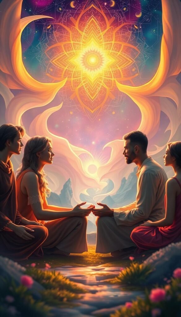 A vibrant spiritual landscape where diverse figures engage in mindful communication. In the foreground, two individuals sit facing each other, their hands clasped, eyes locked in a deep, meaningful exchange. Soft, warm lighting illuminates their serene expressions, conveying the power of presence and active listening. The middle ground features a backdrop of flowing, ethereal forms, symbolizing the interconnectedness of thought and emotion. In the distance, a kaleidoscope of colors and shapes swirls, representing the multifaceted nature of communication and its impact on our lives. The overall atmosphere is one of tranquility, introspection, and the profound significance of mindful exchange. A vibrant spiritual landscape where diverse figures engage in mindful communication. In the foreground, two individuals sit facing each other, their hands clasped, eyes locked in a deep, meaningful exchange. Soft, warm lighting illuminates their serene expressions, conveying the power of presence and active listening. The middle ground features a backdrop of flowing, ethereal forms, symbolizing the interconnectedness of thought and emotion. In the distance, a kaleidoscope of colors and shapes swirls, representing the multifaceted nature of communication and its impact on our lives. The overall atmosphere is one of tranquility, introspection, and the profound significance of mindful exchange.