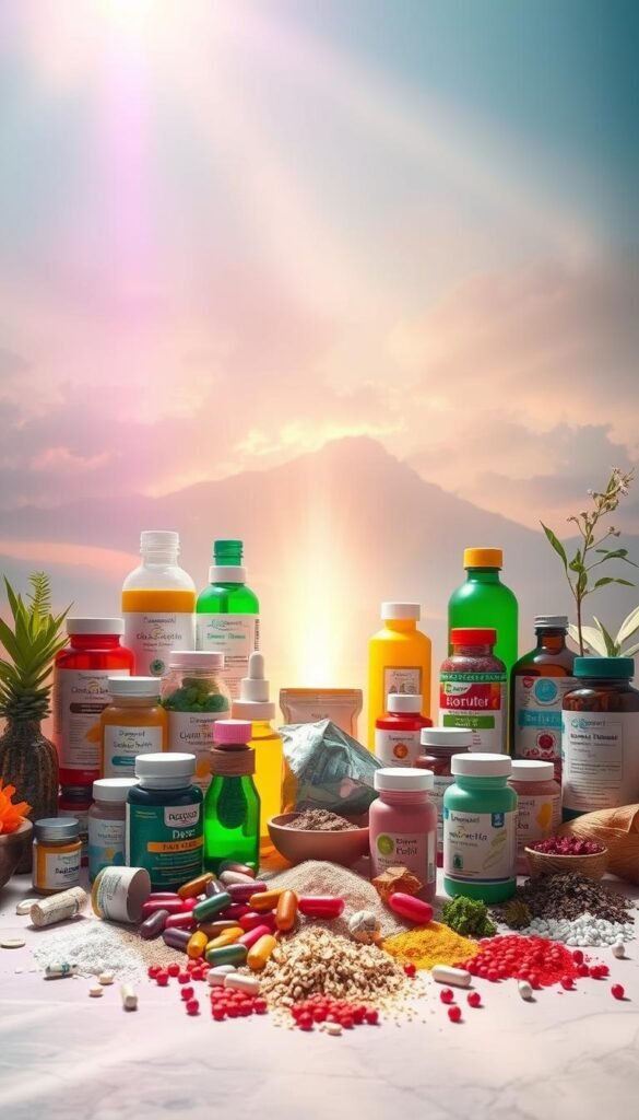 A vibrant, spiritual still life showcasing an array of detox products and weight loss supplements against a serene, ethereal backdrop. In the foreground, an assortment of colorful bottles, pills, and powders are arranged in a visually striking composition, hinting at the promise of purification and transformation. The middle ground features a soft, hazy radiance, evoking a sense of mysticism and inner harmony. In the background, a dreamy, abstract landscape unfolds, with subtle gradients and ethereal forms that suggest a journey towards physical and spiritual renewal. The overall atmosphere is one of holistic wellness, where the viewer is invited to contemplate the complexities and potential pitfalls of the detox and weight loss industry. A vibrant, spiritual still life showcasing an array of detox products and weight loss supplements against a serene, ethereal backdrop. In the foreground, an assortment of colorful bottles, pills, and powders are arranged in a visually striking composition, hinting at the promise of purification and transformation. The middle ground features a soft, hazy radiance, evoking a sense of mysticism and inner harmony. In the background, a dreamy, abstract landscape unfolds, with subtle gradients and ethereal forms that suggest a journey towards physical and spiritual renewal. The overall atmosphere is one of holistic wellness, where the viewer is invited to contemplate the complexities and potential pitfalls of the detox and weight loss industry.