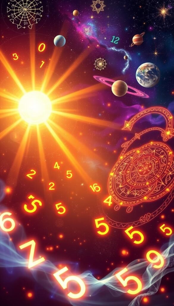 A vibrant, spiritually-inspired image depicting the essence of master numbers. In the foreground, glowing numerals dance across the canvas, their radiance illuminating the scene. Swirling celestial patterns and intricate geometric shapes form a mesmerizing middle ground, hinting at the profound depths of numerological wisdom. In the background, a shimmering galaxy of stars and planets provides a cosmic backdrop, symbolizing the interconnectedness of all things. Warm, saturated tones infuse the image with a sense of mysticism and transcendence, inviting the viewer to contemplate the profound significance of master numbers in the journey of personal growth.