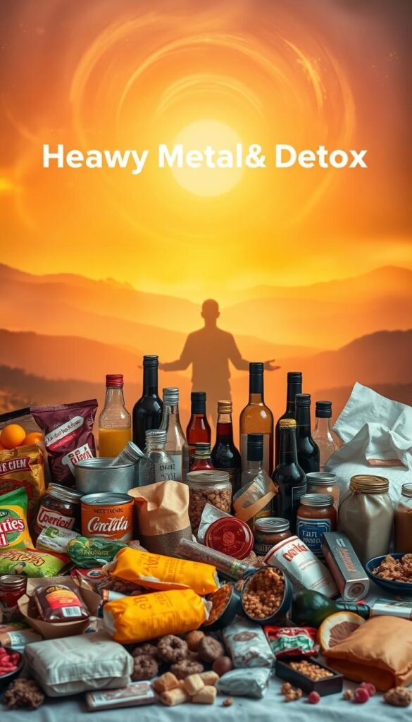 A vibrant still life arrangement depicting a variety of unhealthy foods to avoid during a heavy metal detox. In the foreground, a selection of processed snacks, canned goods, and sugary treats arranged haphazardly. In the middle ground, a cluster of alcohol bottles and tobacco products. In the background, a faint silhouette of a person meditating against a serene, mystical landscape with swirling energy fields. Warm, soft lighting casts a glowing, ethereal atmosphere. The scene conveys a sense of temptation and indulgence to be resisted during the detoxification process. A vibrant still life arrangement depicting a variety of unhealthy foods to avoid during a heavy metal detox. In the foreground, a selection of processed snacks, canned goods, and sugary treats arranged haphazardly. In the middle ground, a cluster of alcohol bottles and tobacco products. In the background, a faint silhouette of a person meditating against a serene, mystical landscape with swirling energy fields. Warm, soft lighting casts a glowing, ethereal atmosphere. The scene conveys a sense of temptation and indulgence to be resisted during the detoxification process.